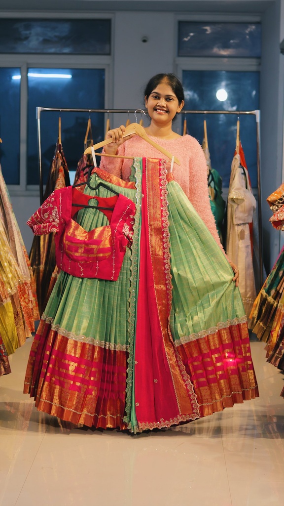 Pista Green & Rani Pink Kanchi Pattu Half Saree - DP504