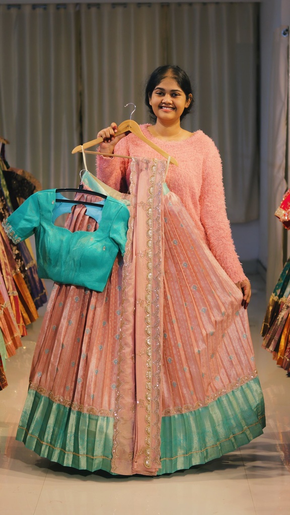 Peach Pink & Sea Green Half Saree - DP551