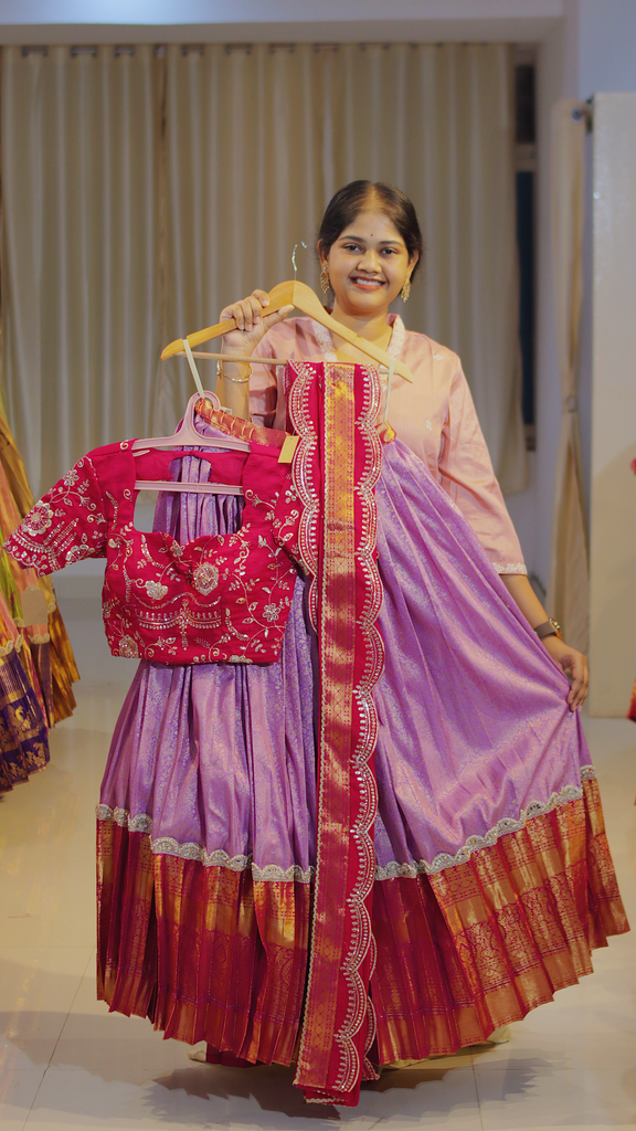 Dusty Mauve & Coral Terracotta Ready-to-Wear Half Saree - DP560