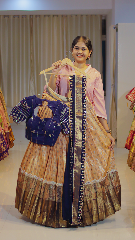 Dusty Mauve with Chocolate Brown Border Ready-to-Wear Half Saree - DP563