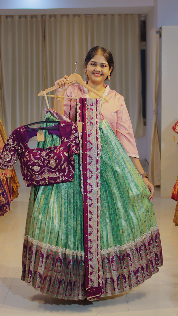 Olive Green & Lavender Lilac Ready-to-Wear Half Saree - DP564