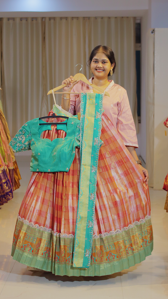 Lavender Lilac & Lime Green Ready-to-Wear Half Saree - DP576
