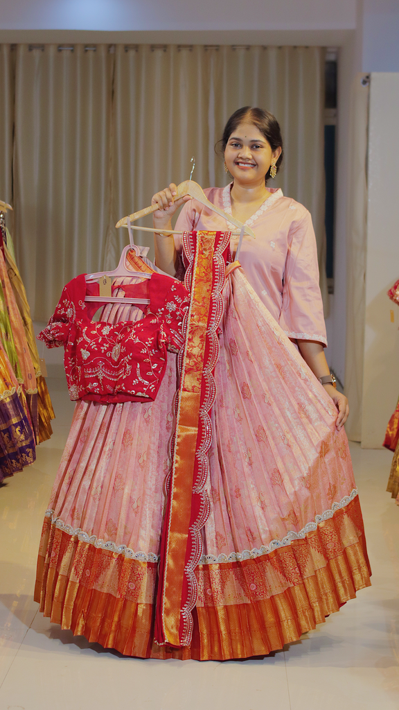Blush Peach & Coral Terracotta Ready-to-Wear Half Saree - DP577