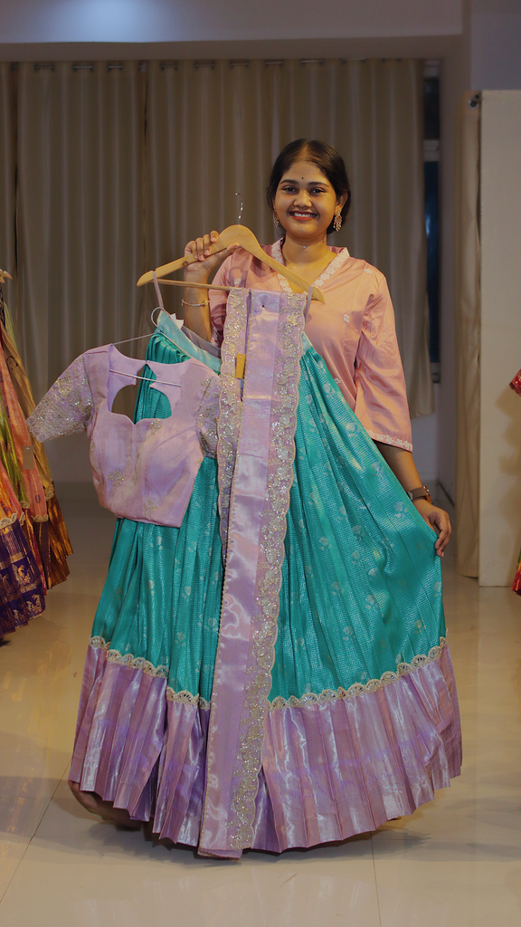 Teal Green & Lavender Lilac Ready-to-Wear Half Saree - DP587