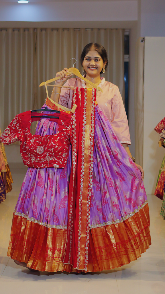 Orchid Purple & Coral Terracotta Ready-to-Wear Half Saree - DP597
