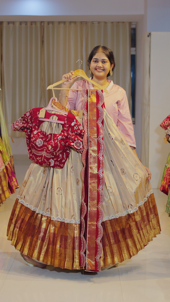 Lavender Lilac & Coral Terracotta Ready-to-Wear Half Saree - DP613