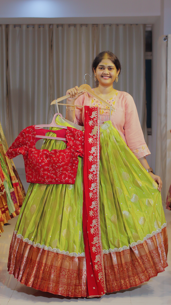 Mustard Yellow & Dusty Rose Kanchipattu Ready-to-Wear Half Saree - DP642