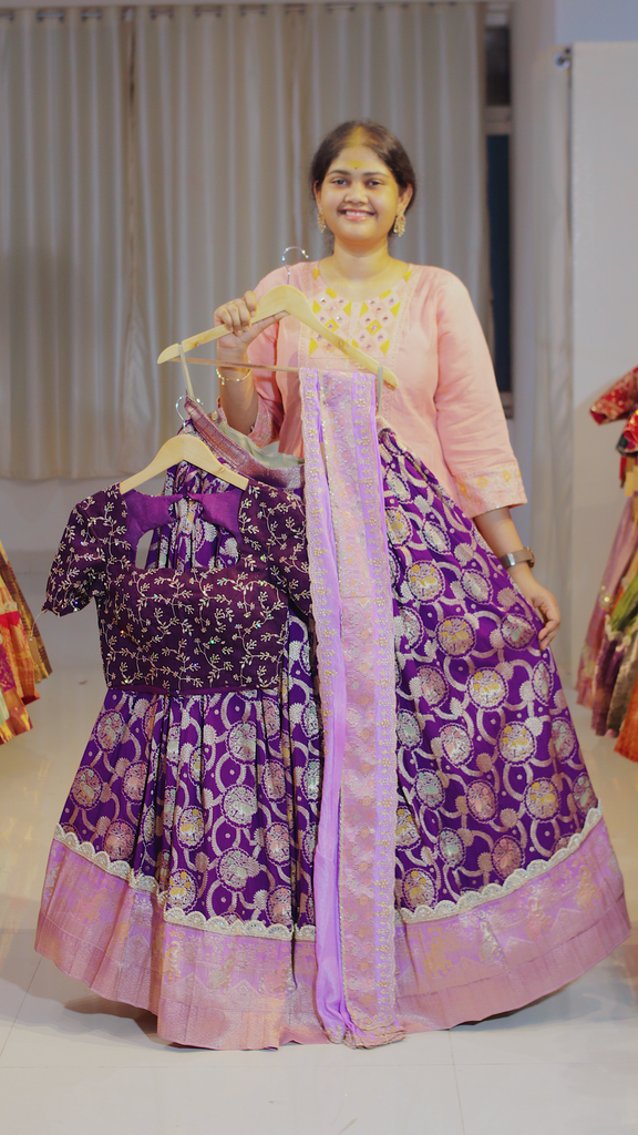 Lavender Mauve & Blush Peach Kanchipattu Ready-to-Wear Half Saree - DP648
