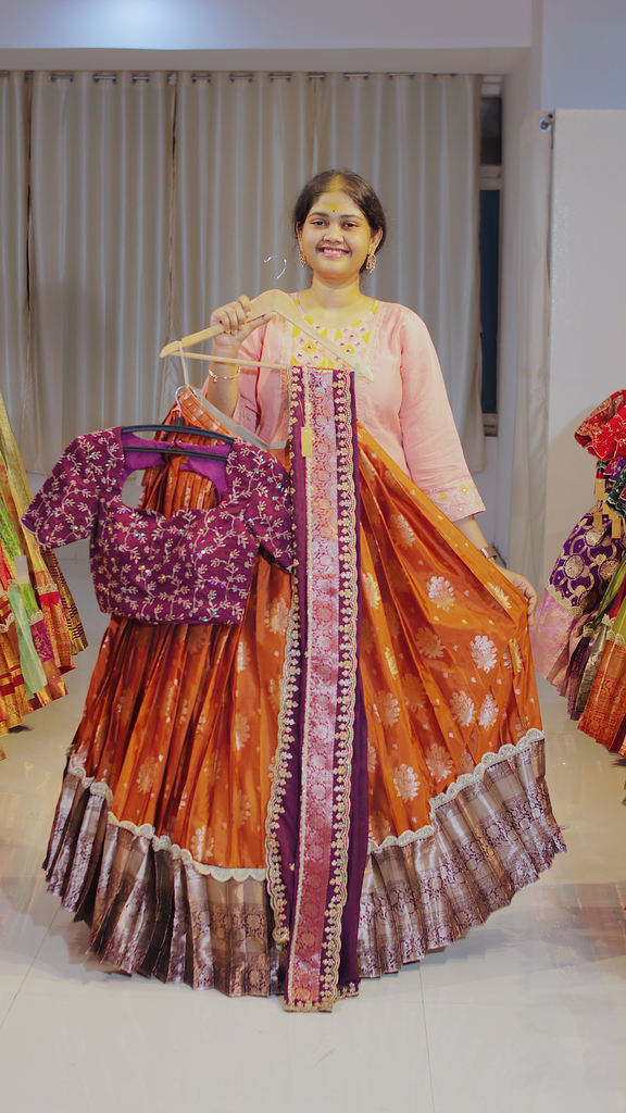 Copper Rust & Dusty Rose Kanchipattu Ready-to-Wear Half Saree - DP649