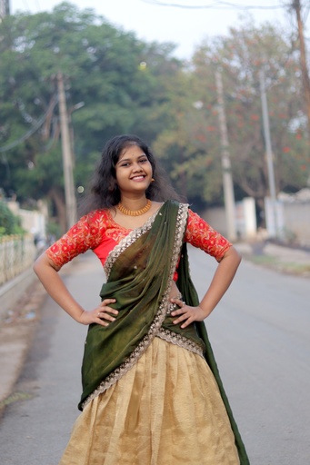[DP037] Elegant Golden Lehenga with Green Dupatta & Red Embroidered Blouse