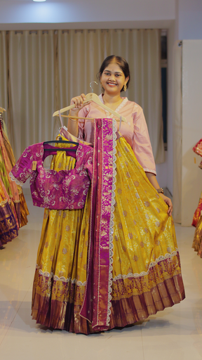 [DP568] Coral Terracotta with Antique Copper Border Ready-to-Wear Half Saree - DP568