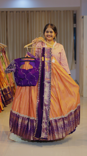 [DP596] Coral Terracotta & Dusty Mauve Ready-to-Wear Half Saree - DP596