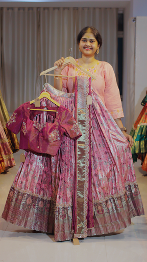 [DP621] Dusty Rose & Olive Green Kanchipattu Ready-to-Wear Half Saree - DP621
