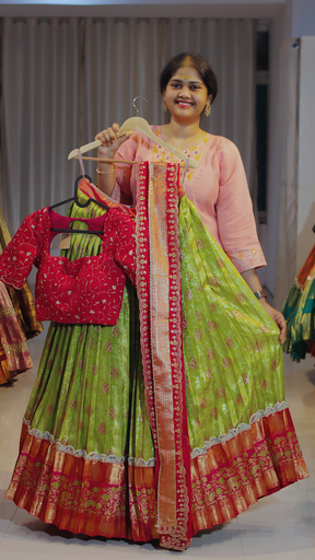 [DP623] Olive Green & Copper Rust Kanchipattu Ready-to-Wear Half Saree - DP623