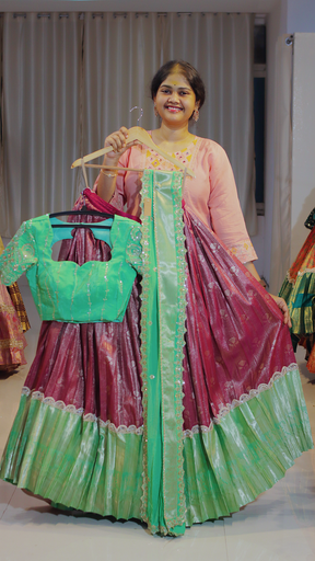 [DP627] Dusty Rose & Mint Sage Kanchipattu Ready-to-Wear Half Saree - DP627