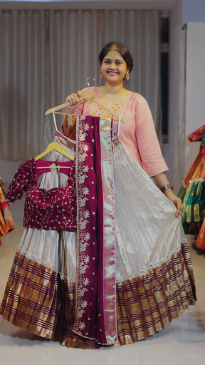 [DP633] Lavender Mauve & Dusty Rose Kanchipattu Ready-to-Wear Half Saree - DP633