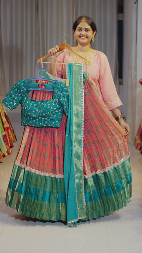 [DP638] Olive Green & Mint Sage Kanchipattu Ready-to-Wear Half Saree - DP638