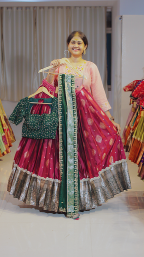 [DP644] Copper Rust & Dusty Rose Kanchipattu Ready-to-Wear Half Saree - DP644