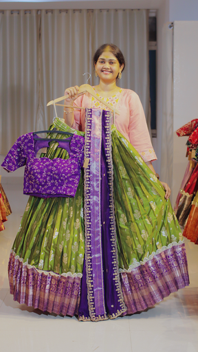 [DP645] Olive Green & Dusty Rose Kanchipattu Ready-to-Wear Half Saree - DP645