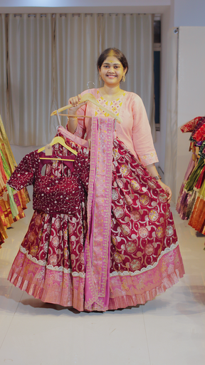 [DP646] Dusty Rose & Blush Peach Kanchipattu Ready-to-Wear Half Saree - DP646