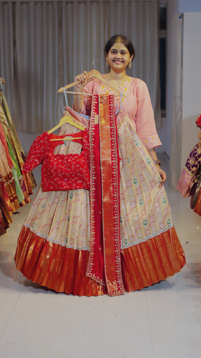 [DP650] Copper Rust & Dusty Rose Kanchipattu Ready-to-Wear Half Saree - DP650