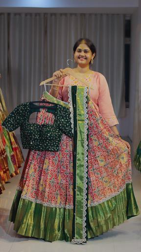[DP654] Dusty Rose & Olive Green Kanchipattu Ready-to-Wear Half Saree - DP654